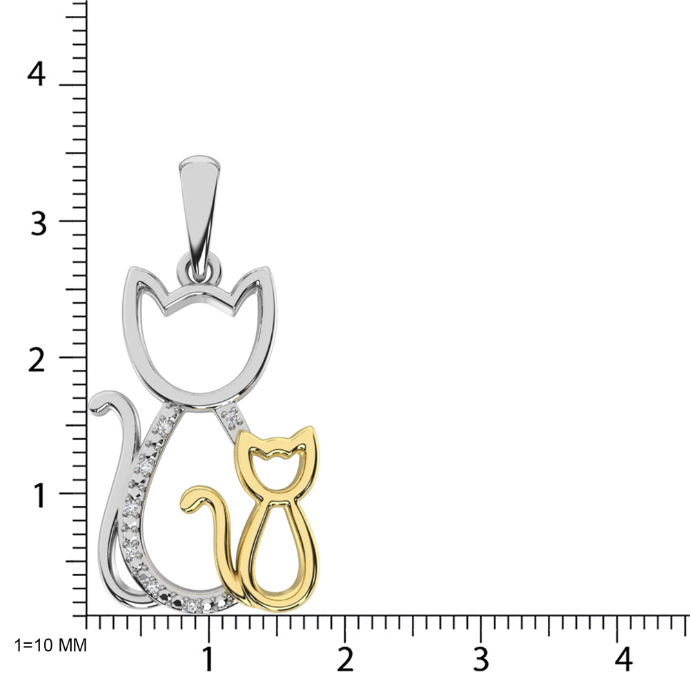 Diamond Accent Cat and Kitten Pendant in Sterling Silver and 10K Yellow Gold