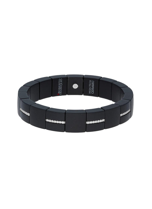 Square Matte Black Ceramic Stretch Bracelet with Alternating Diamond Bars