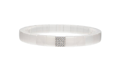 White Ceramic Stretch Bracelet with 1 Diamond Station