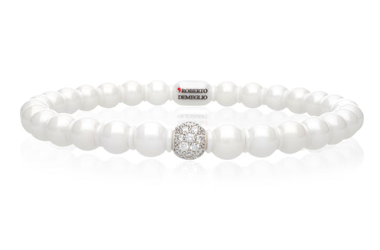 White Ceramic Bead Stretch Bracelet with 1 Diamond Bead