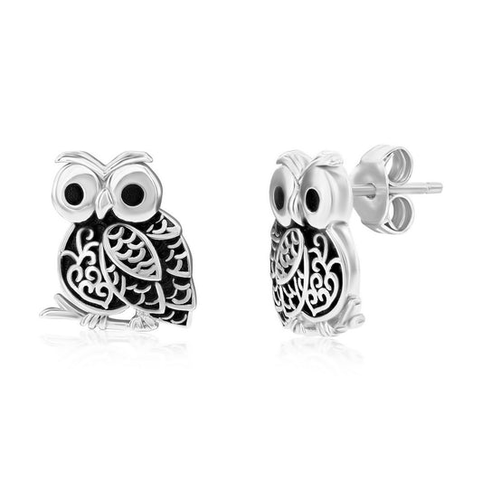 Sterling Silver Oxidized Owl Studs