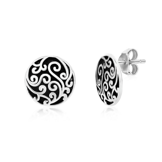 Sterling Silver Oxidized Round Filigree Design Stud Earrings