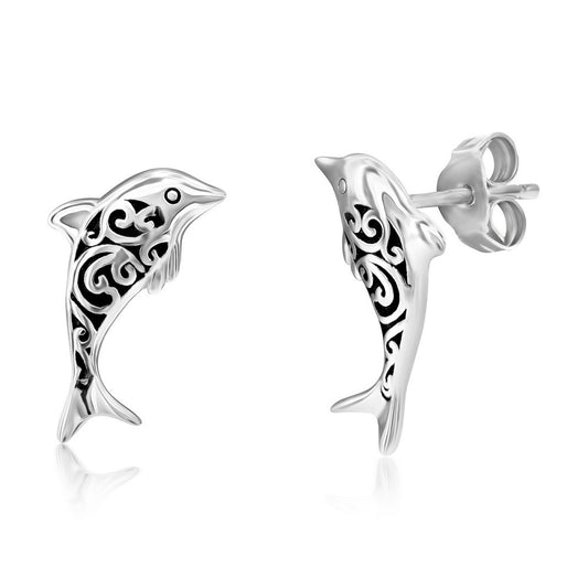 Sterling Silver Oxidized Dolphin Studs