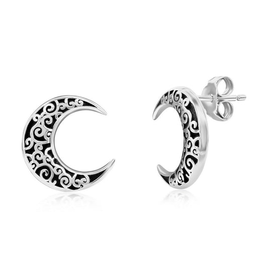 Sterling Silver Oxidized Crescent Moon Filigree Design Stud Earrings