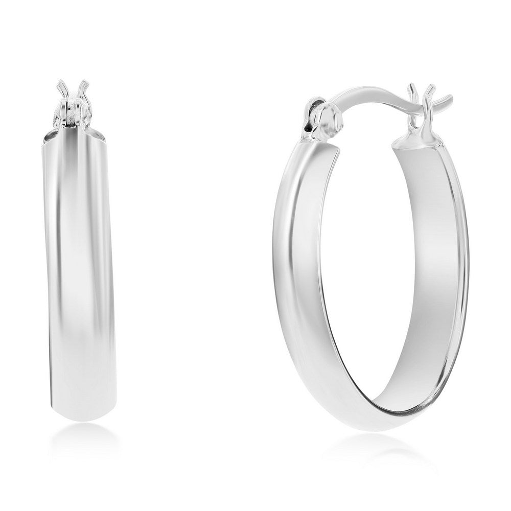 Sterling Silver 9x25mm Oval Hoop Earrings - Rhodium Plated