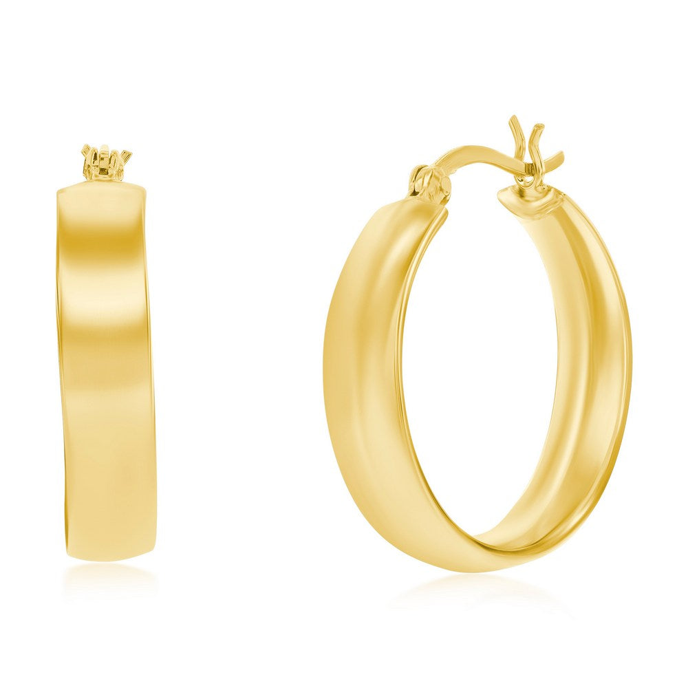 Sterling Silver 5.5x27mm Fancy Flat Hoop Earrings - Gold Plated