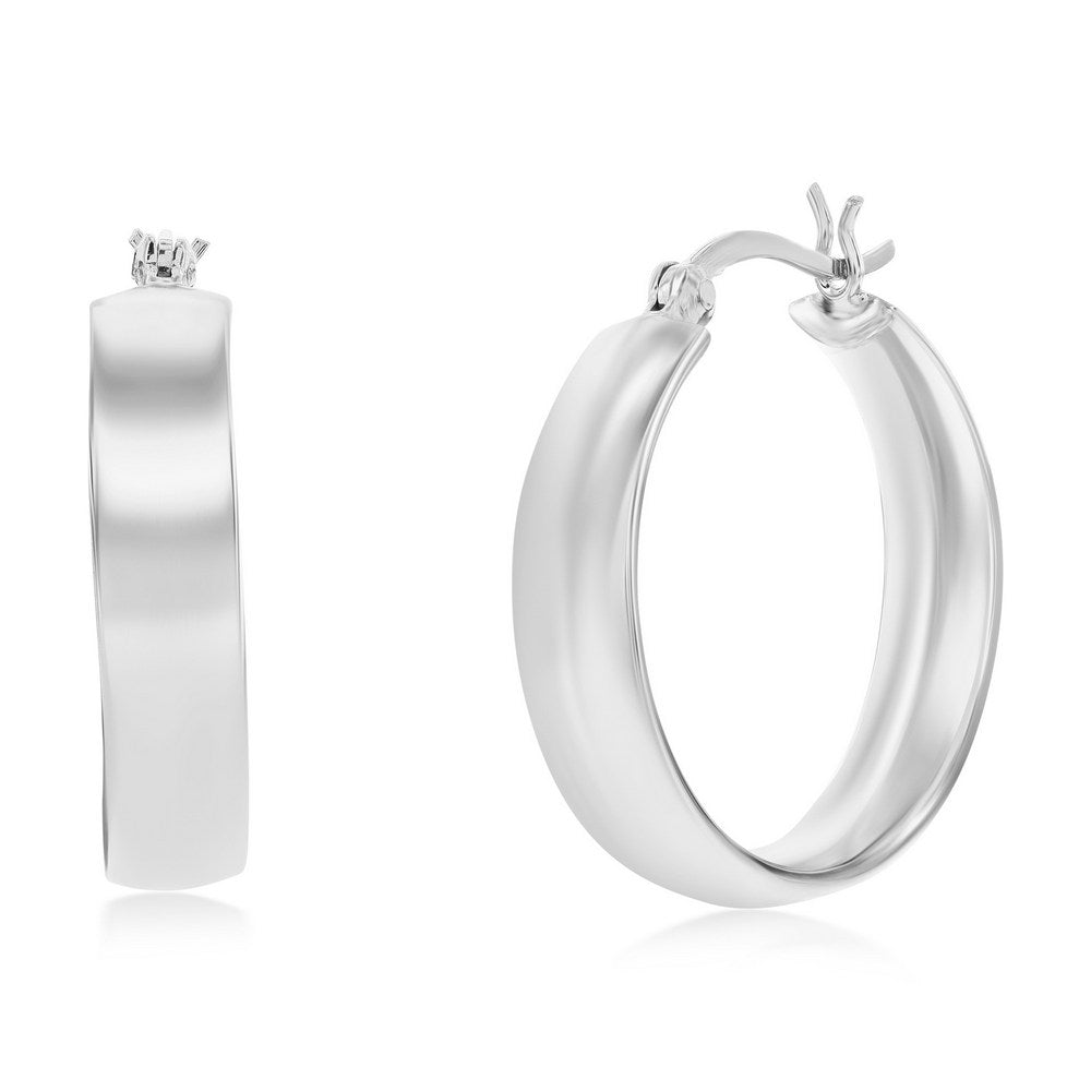 Sterling Silver 5.5x27mm Fancy Flat Hoop Earrings - Rhodium Plated