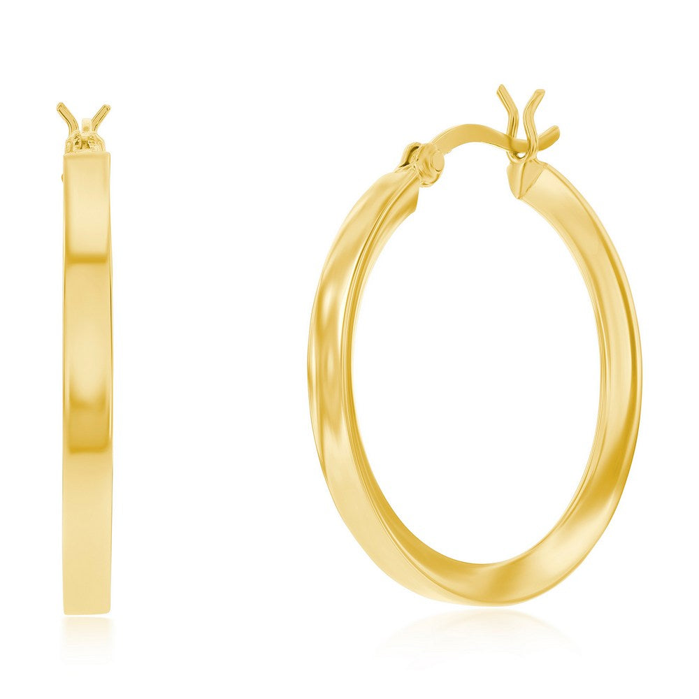 Sterling Silver 3x30mm Fancy Flat Hoop Earrings - Gold Plated