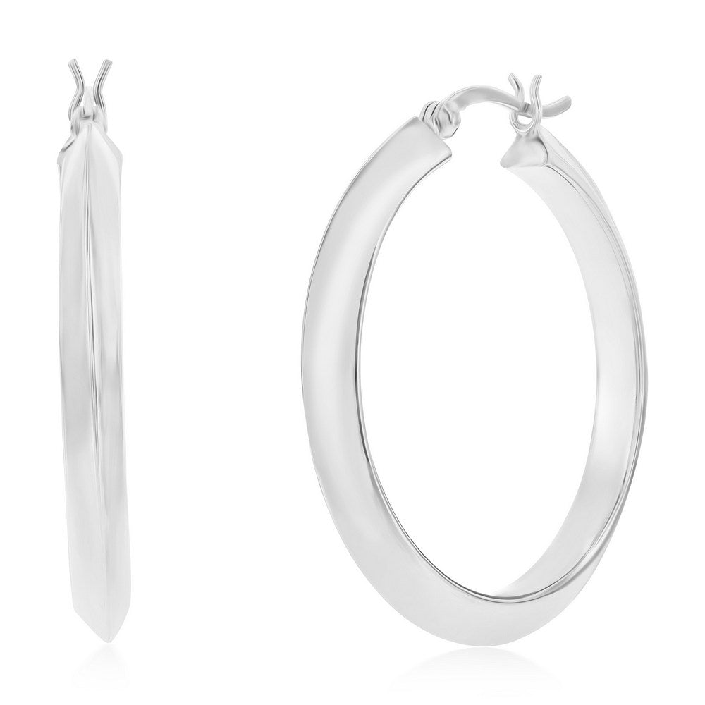 Sterling Silver 36mm Flat Hoop Earrings - Rhodium Plated