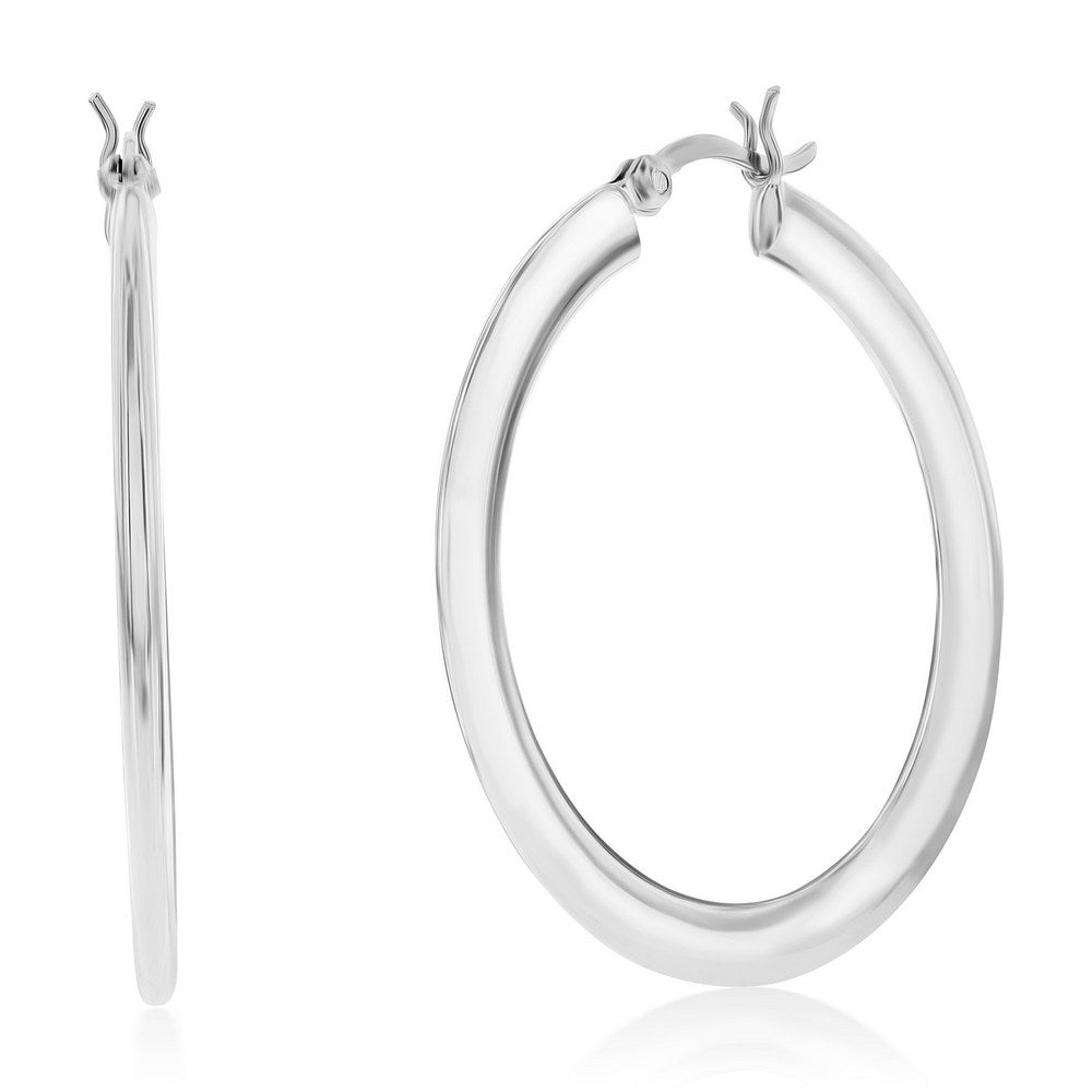 Sterling Silver 40mm Polished Flat Hoop Earrings - Rhodium Plated