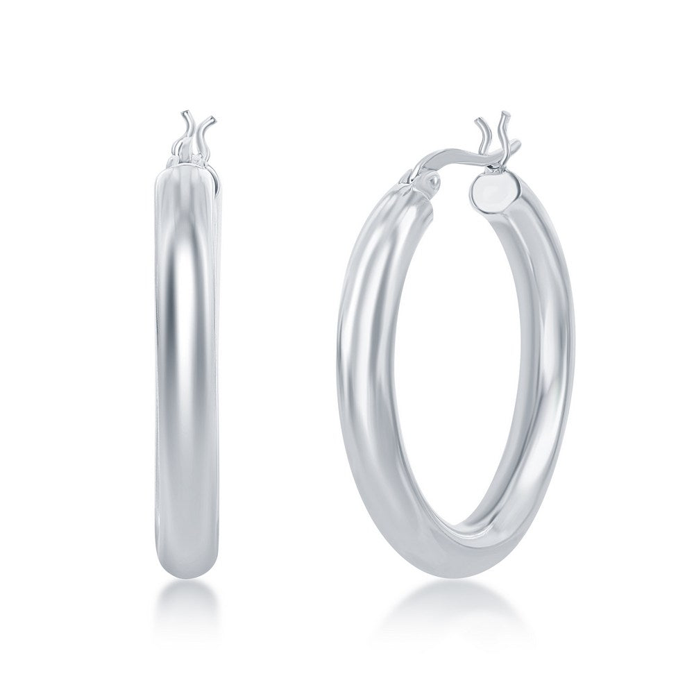 Sterling Silver 4x30mm High-Polished Hoop Earrings - Rhodium Plated