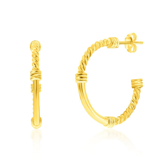 Sterling Silver 24mm Rope & Polished Half Hoop Earrings - Gold Plated