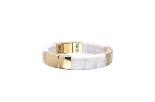 18K Yellow Gold Overlay and White Ceramic Square Stretch Bracelet