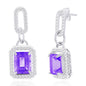 Sterling Silver, Emerald-Cut 7X9 Amethyst, White Topaz Border, Dangle Earrings