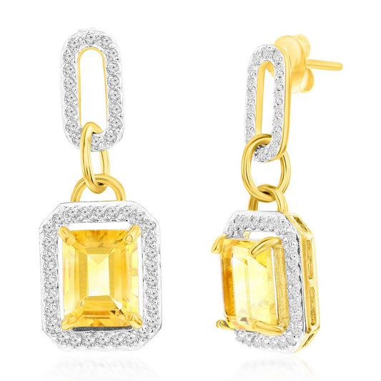 Sterling Silver, Emerald-Cut 7X9 Citrine, White Topaz Border, Dangle Earrings - Gold Plated