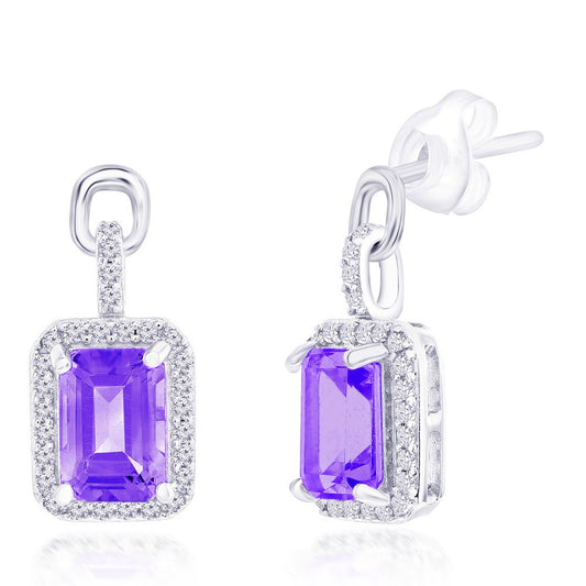 Sterling Silver Emerald-Cut 5X7 Amethyst,White Topaz Earrings