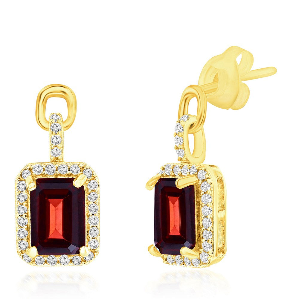 Sterling Silver, Emerald-Cut 5X7 Garnet, White Zircon Border Earrings - Gold Plated