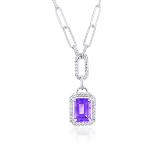 Sterling Silver, Emerald-Cut 7X9 Amethyst, White Topaz Border, Paperclip Necklace