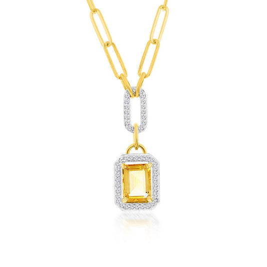 Sterling Silver, Emerald-Cut 7X9 Citrine, White Topaz Border, Paperclip Necklace - Gold Plated