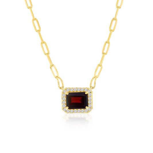 Sterling Silver, Rectangle 6X8 Garnet, White Zircon Border, Paperclip Necklace - Gold Plated