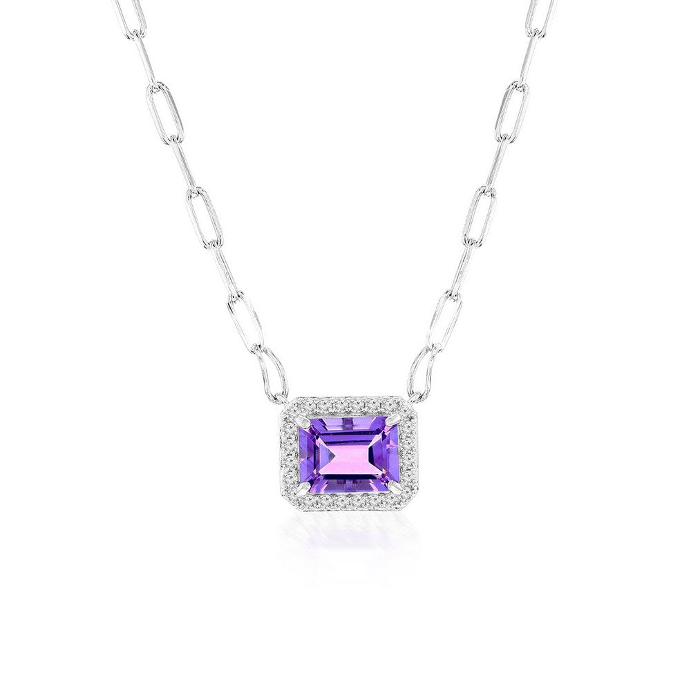 Sterling Silver, Rectangle 6X8 Amethyst, White Topaz Border, Paperclip Necklace