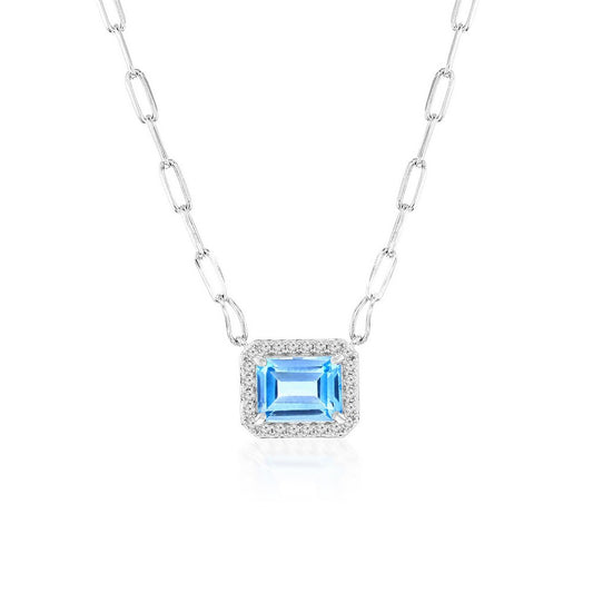 Sterling Silver, Rectangle 6x8 Blue Topaz, White Topaz Border, Paperclip Necklace