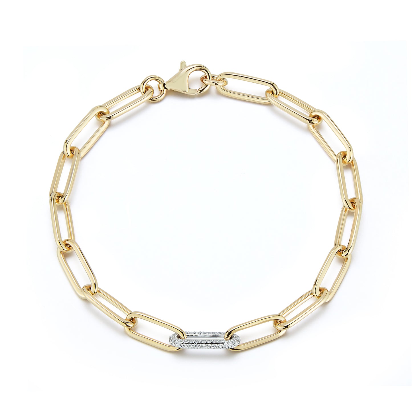 Solid Gold Paperclip Bracelet with One Pave Diamond Link