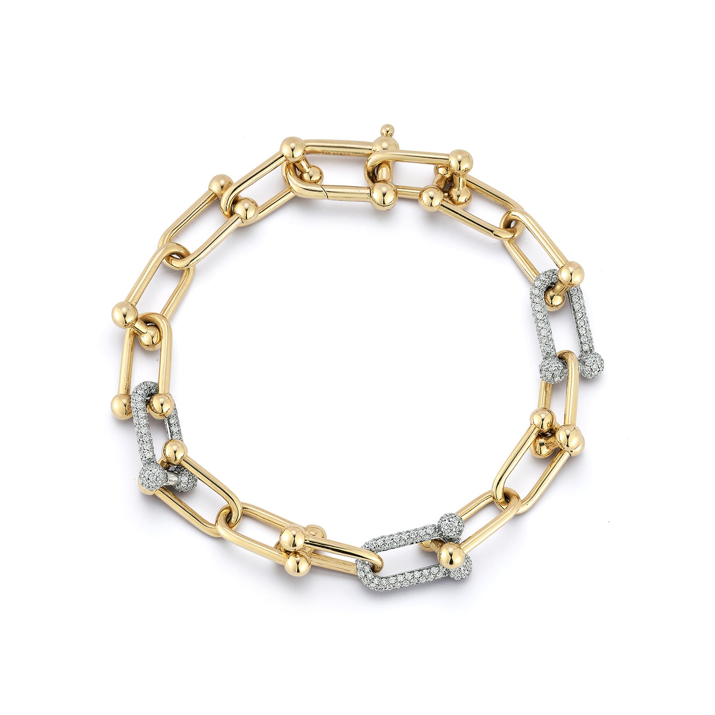 U Shape Solid Gold Link Bracelet with Three Diamond Section