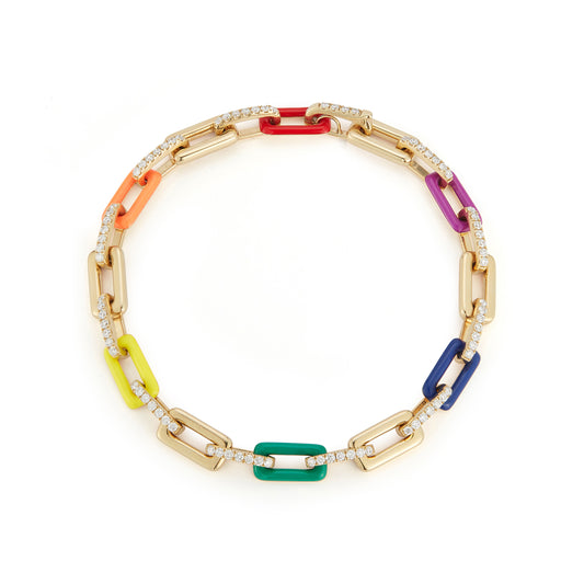 Small Rainbow Enamel Gold Link Bracelet with Pave Diamond Bar Connection