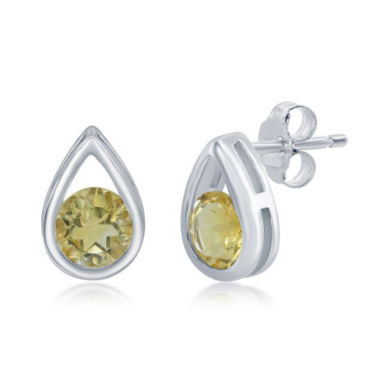 Sterling Silver Pearshaped Earrings W/Round 'November Birthstone' Gemstone Studs - Citrin