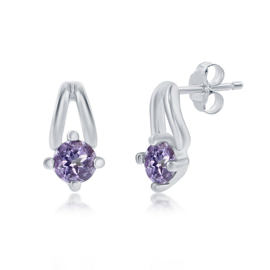 Sterling Silver Four-Prong 3mm Round Gem Earrings - Amethyst