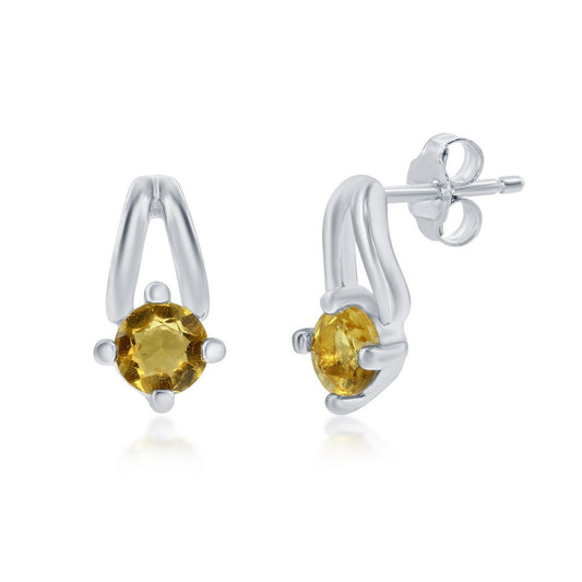 Sterling Silver Four-Prong 3mm Round Gem Earrings - Citrine