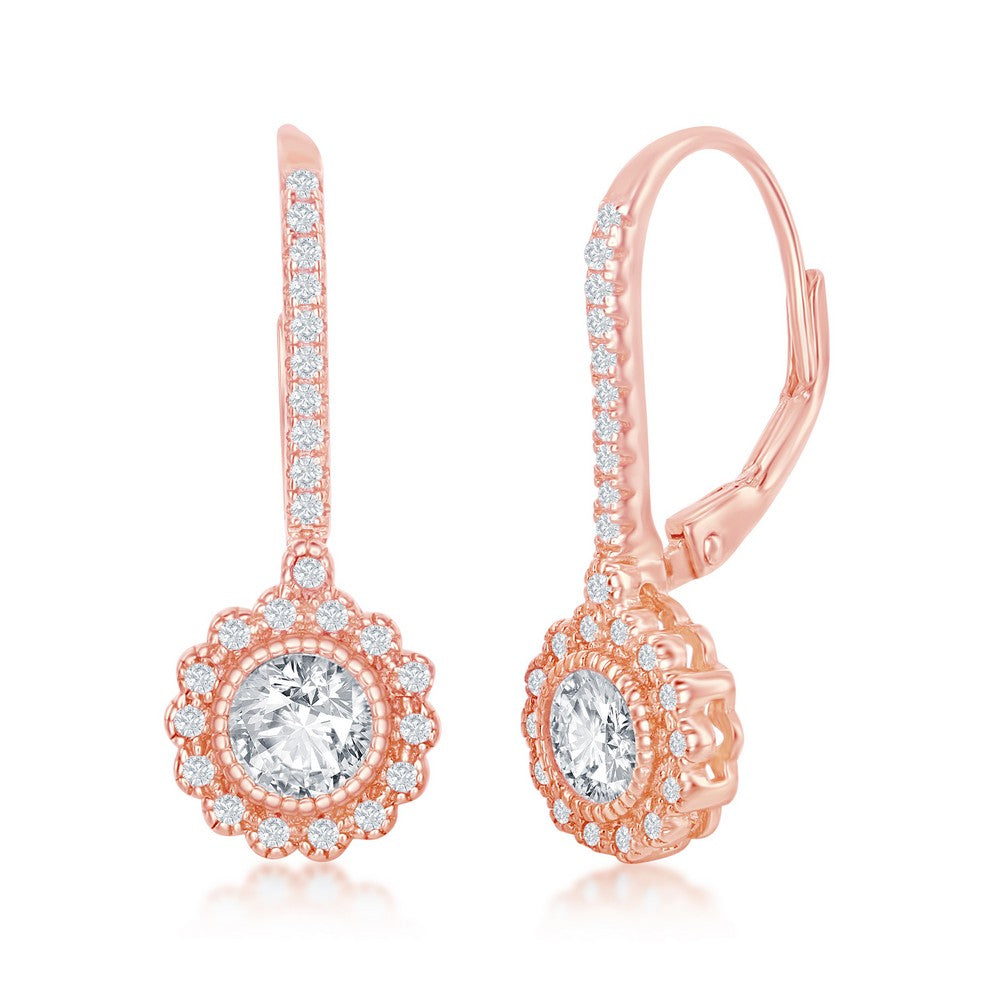 Sterling Silver CZ Flower Design Dangling Earrings - Rose Gold Plated