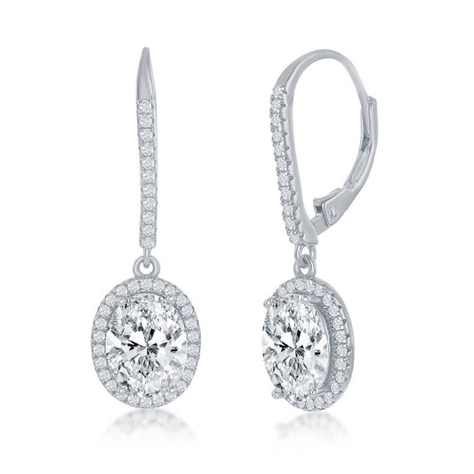 Sterling Silver Oval CZ Halo Dangling Earrings