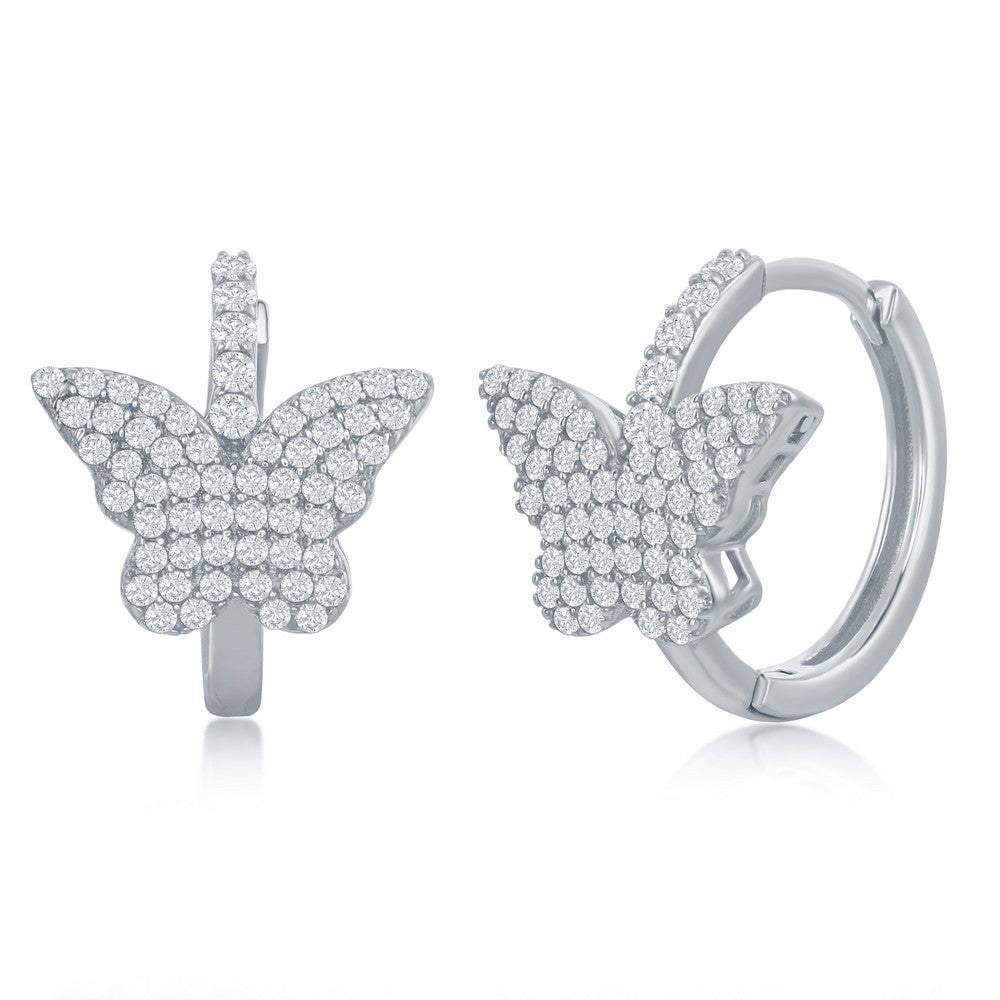 Sterling Silver Micro Pave CZ Butterfly Huggie Hoop Earrings