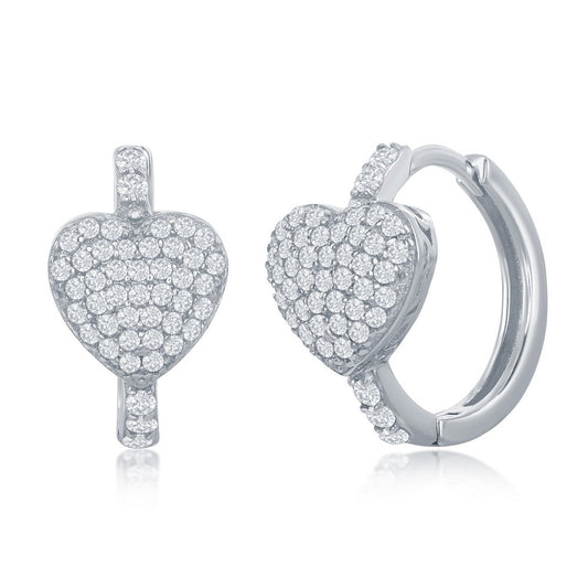 Sterling Silver Mircro Pave CZ Heart Huggie Hoop Earrings