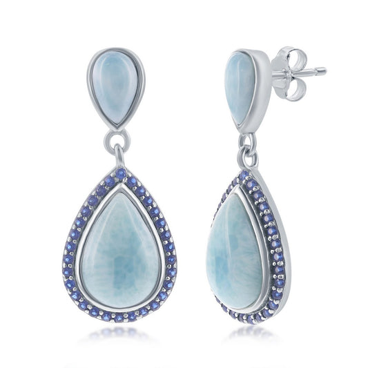 Sterling Silver Double Pear-Shaped Larimar and Sapphire CZ Earrings