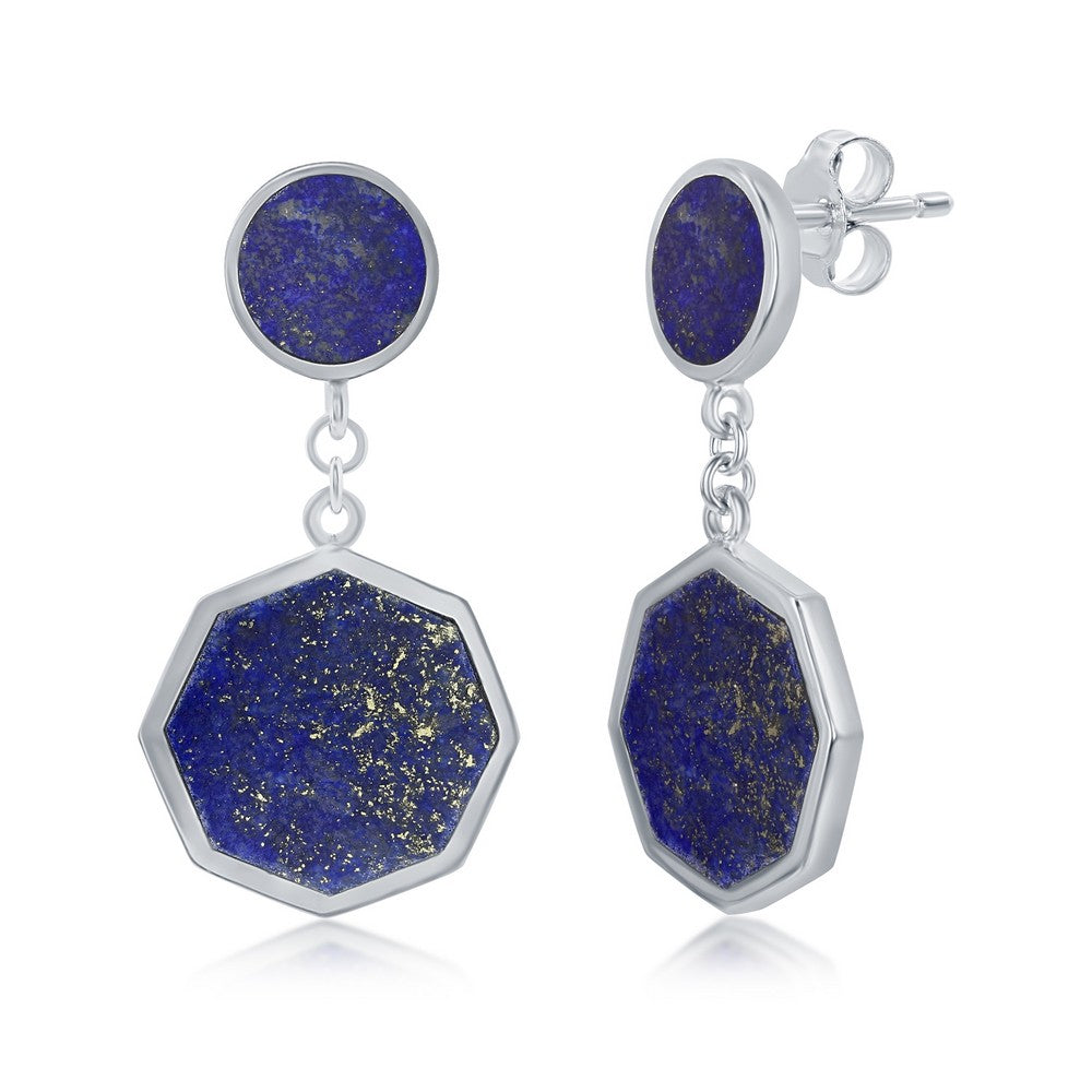 Sterling Silver Round and Hexagon Earrings - Lapis