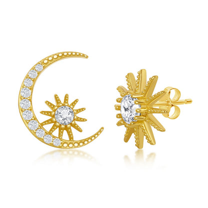 Sterling Silver CZ Sun and Moon Stud Earrings - Gold Plated