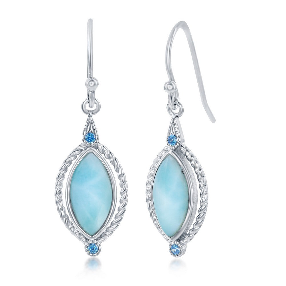 Sterling Silver Marquise Larimar with Round Blue CZ Rope Design Earrings