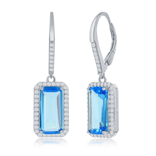 Sterling Silver Emerald-Cut Aqua CZ with CZ Border Dangle Earrings