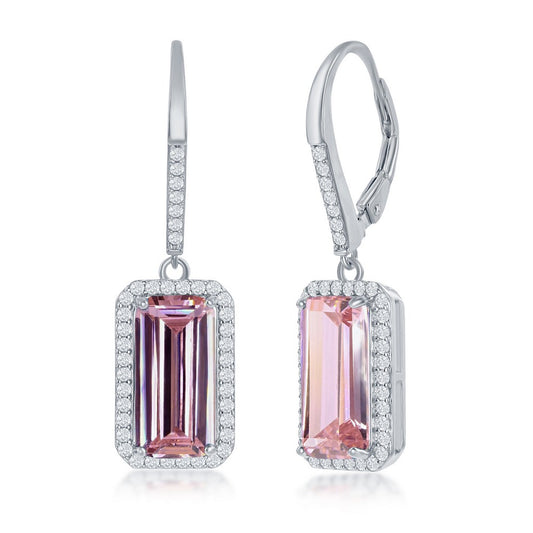 Sterling Silver Emerald-Cut Pink CZ with CZ Border Dangle Earrings