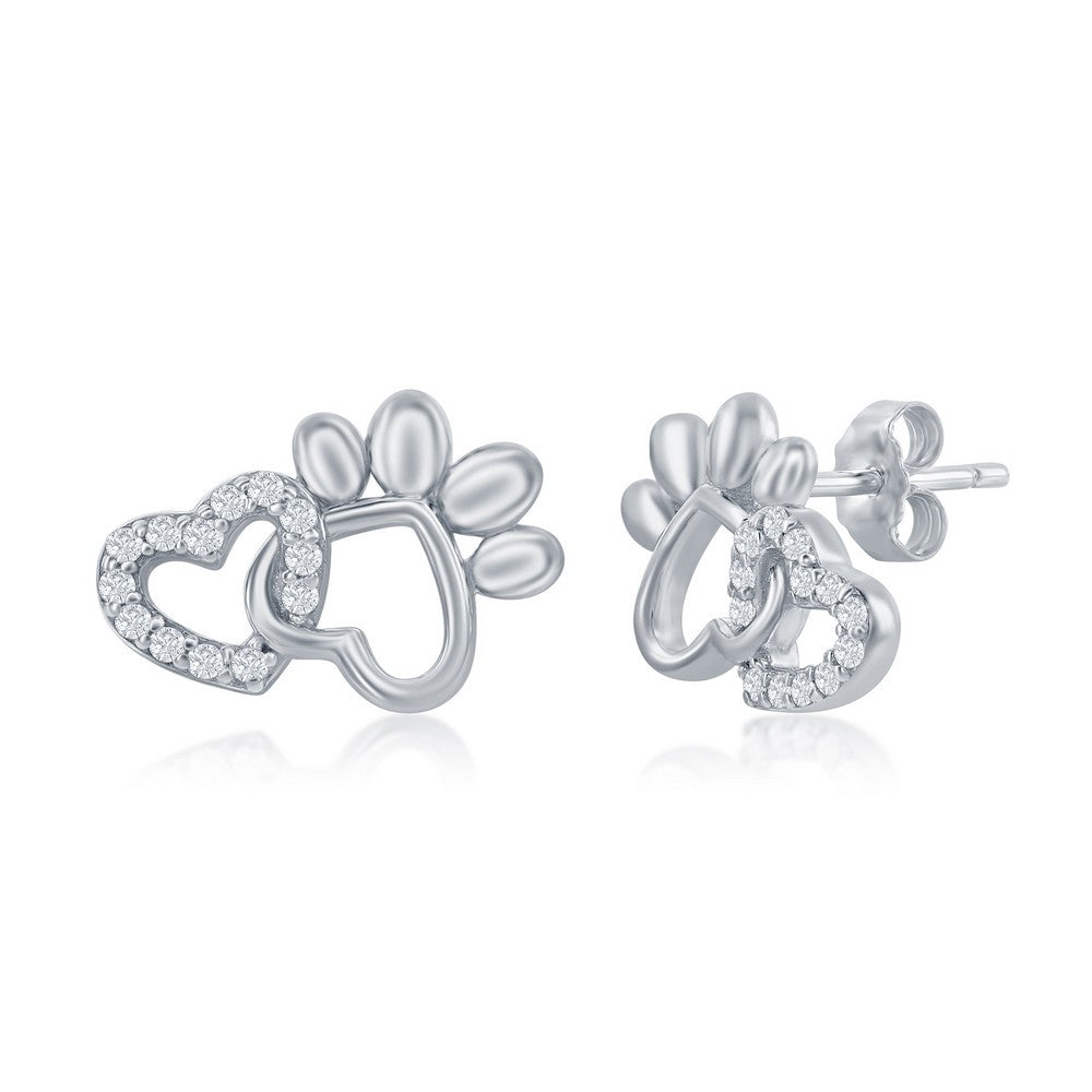 Sterling Silver CZ Heart & Paw Print Stud Earrings