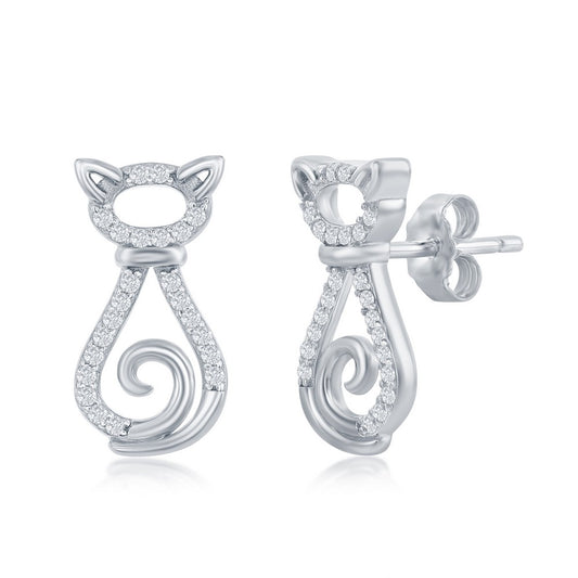 Sterling Silver CZ Cat Stud Earrings