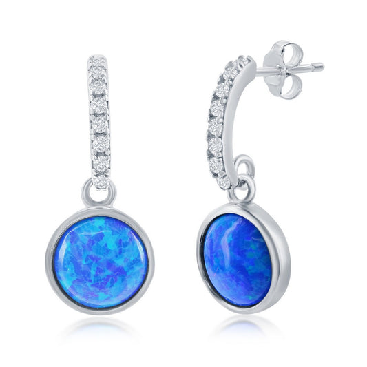 Sterling Silver Round Blue Opal with CZ Earrings