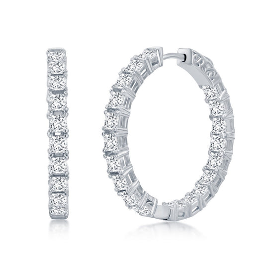 Sterling Silver, 3x30mm Square CZ, Inside-Outside Hoop Earrings