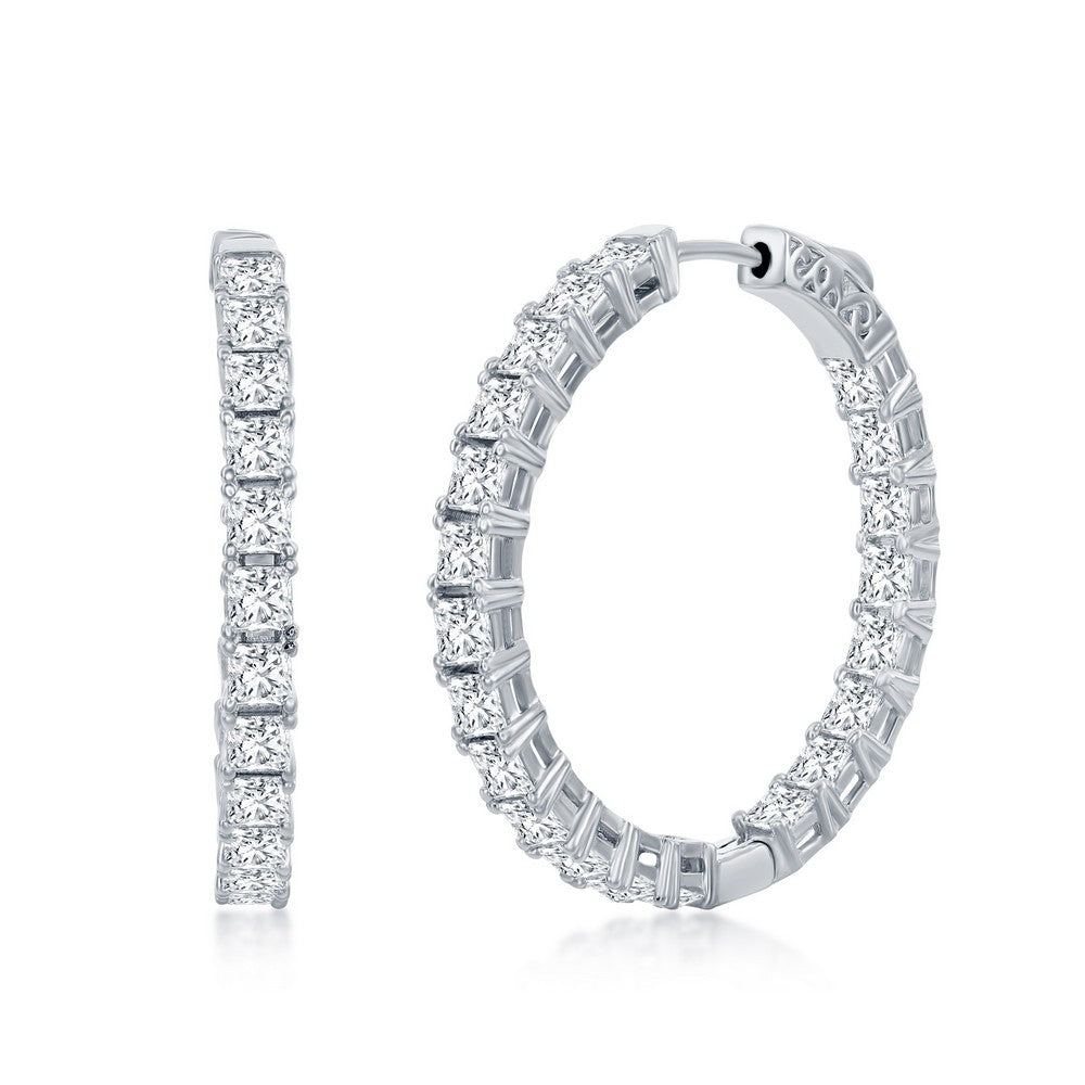 Sterling Silver, 3x35mm Square CZ, Inside-Outside Hoop Earrings