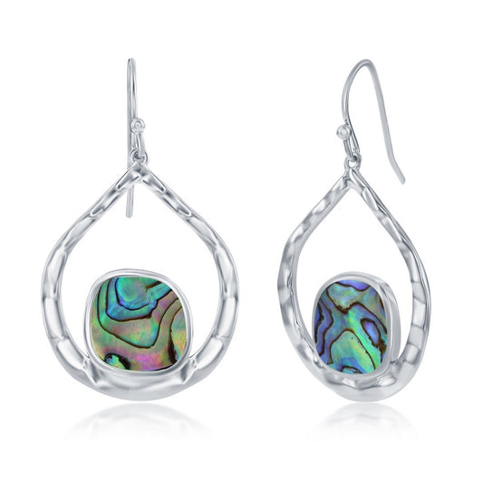 Sterling Silver Irregular Hammered Pear-Shaped Earrings - Abalone