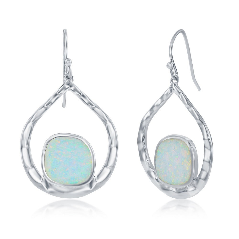 Sterling Silver Irregular Hammered Pear-Shaped Earrings - White Opal