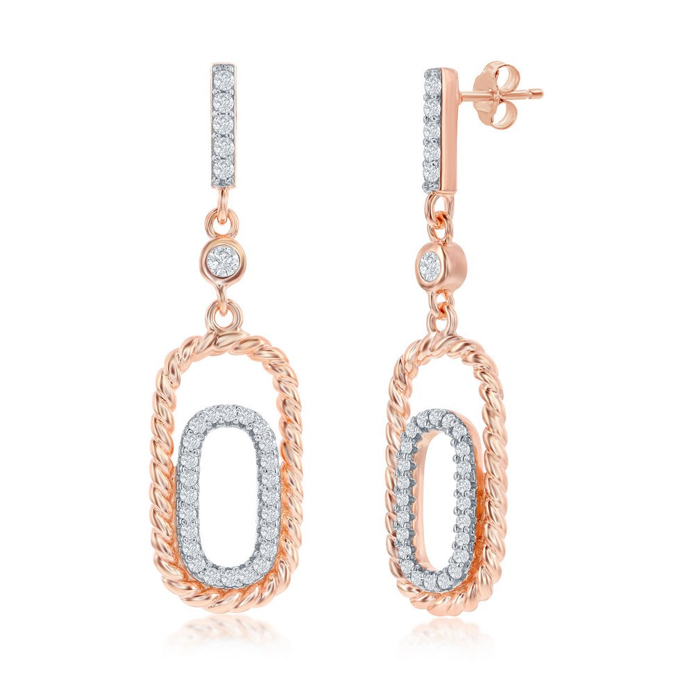 Sterling Silver Double Rectangle CZ Earrings - Rose Gold Plated